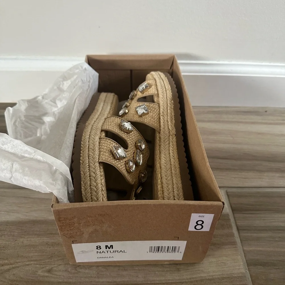 Jessica Simpson Danalea Natural Beige Raffia Embellished Slide Sandals